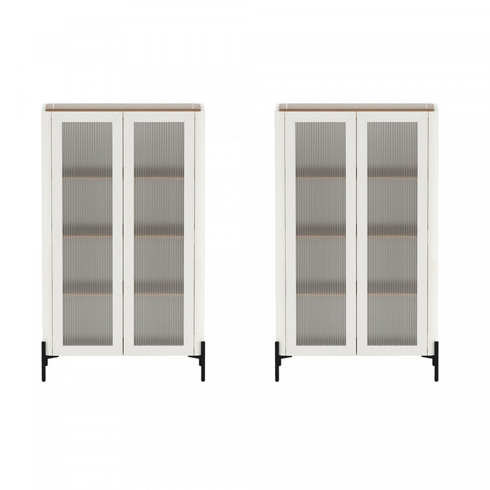 Abbey Modern 32\" Tempered Glass Bookcase Cabinet in Maple and Off White (4-Shelf) - Set of 2