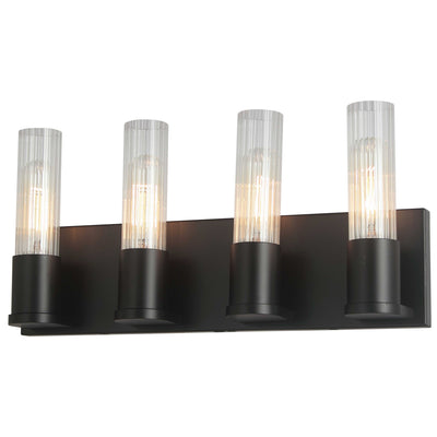 Dainolite Tube 4 Light Vanity Light Matte Black Clear Fluted Glass Lamp|Lumière de coiffeuse Tube de Dainolite en verre cannelé transparent, avec fini noir mat et 4 ampoules