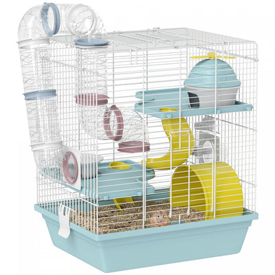 PawHut Hamster Cage, 3-Level Small Animal House with Excerise Wheel, Food Bowl, Water Bottle, House, Tunnels, Ramps, Gerbil Cage for Dwarf Hamster, 14" x 11" x 16", Blue