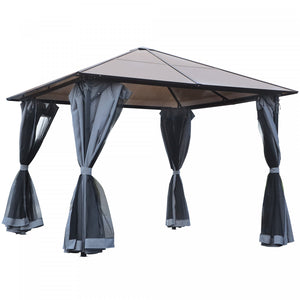 Outsunny 9.8' X 9.8' Patio Gazebo Aluminum Framed Polycarbonate Roof Hardtop Garden Canopy Party Tent Marquee Outdoor Shelter With Mesh Curtains & Side Walls - Grey