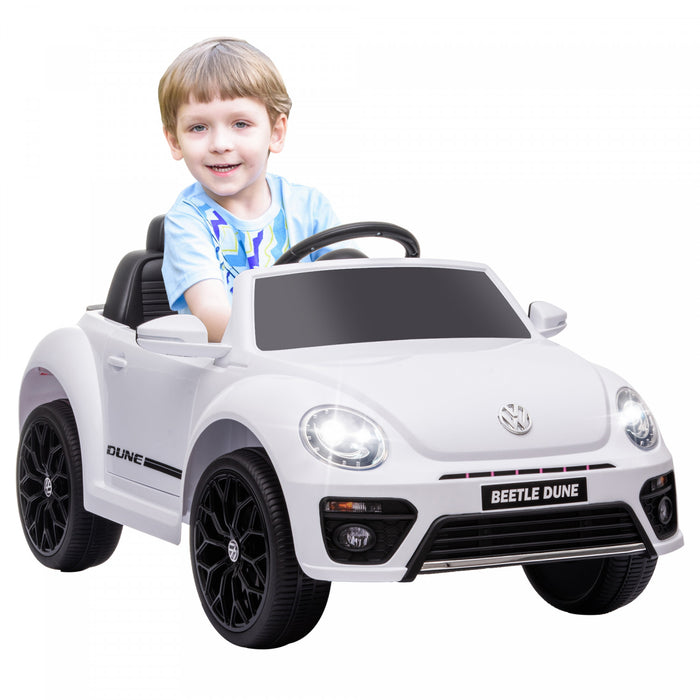 Qaba 12v Electric Car For Kids, Volkswagen Beetle Licensed Battery Powered Ride-On Kids Car With Parent Remote Control, 4 Spring Suspension Wheels, Soft Start, Headlights, Fm Radio, White