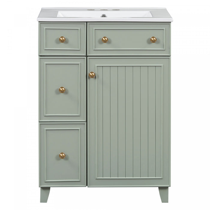 Jonas 24\" Solid Wood Bathroom Vanity Cabinet With Storage Drawers And Door - Green