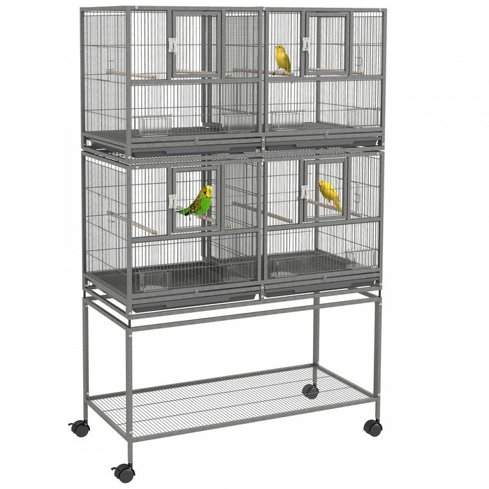 Pawhut 61 Inch Large Double Rolling Metal Bird Cage Bird House With Removable Metal Tray, Storage Shelf, Wood Perch, Food Container