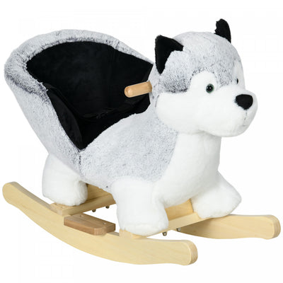 Qaba Kids Rocking Horse, Baby Rocker Chair Husky-shaped Plush Ride On Toy With Realistic Sounds, Woo|Qaba cheval A Bascule En Peluche Pour Enfants, Jouet A Bascule En Peluche En Forme De Husky Avec Des