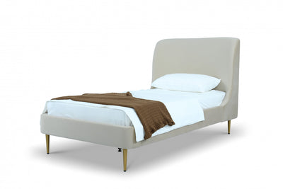 Heather Mid-Century Modern Velvet Upholstered Twin Bed in Cream and Gold | Lit jumeau Heather style milieu du siecle moderne, tapisse de velours creme et or