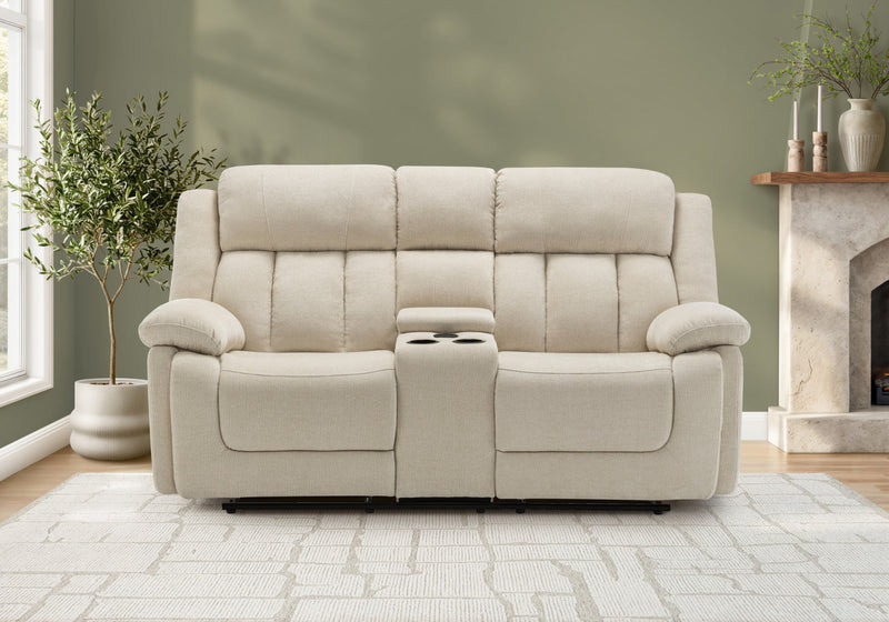 2-Seater Power Reclining Upholstered Love Seat, 63\" Wide, Beige Fabric, Transitional Recliner