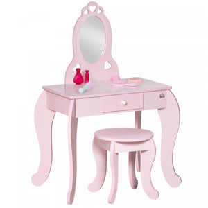 Qaba Kids Dressing Table Set, Vanity Table With Mirror And Stool, Princess Design Makeup Vanity Set With Storage Drawer, Gift For Girls 3-6 Years, Pink