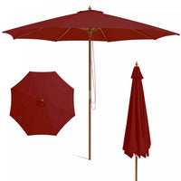 Costway 10FT Patio Wooden Market Table Umbrella Pulley with 8 Bamboo Ribs Sunshade Canopy Wine