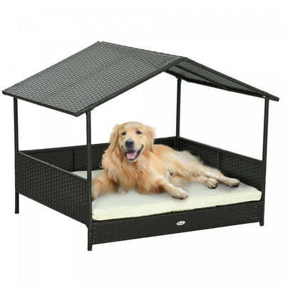 Pawhut Rattan Dog House Outdoor With Shade Canopy, Elevated Wicker Dog Bed With Soft Cushion Washabl|Pawhut Niche D'exterieur En Rotin Pour Chien Avec Auvent D'ombrage, Lit Sureleve En Osier Avec Couss