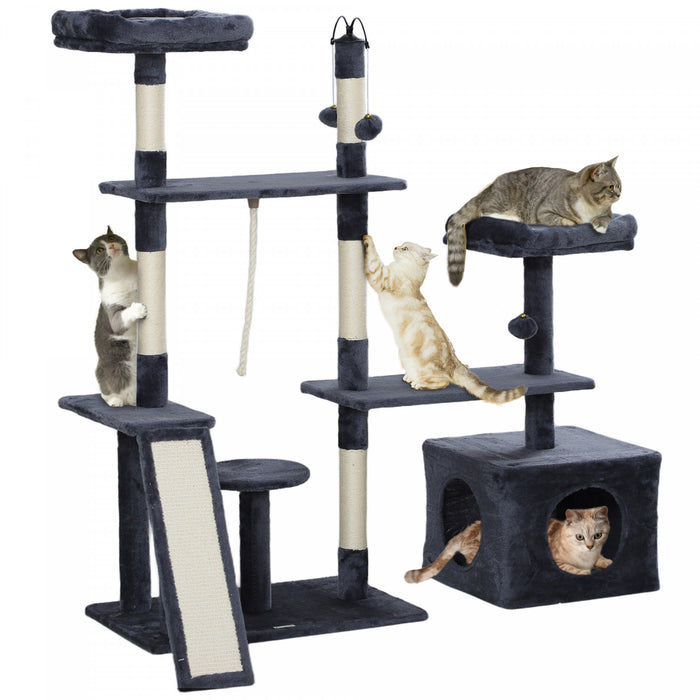 Pawhut 53\" Cat Tree, Multi-level Cat Tower For Indoor Cats With Sisal Scratching Posts, Cat Condo, Beds, Platforms, Ramp, Toy Balls, Cat Activity Center, Dark Grey