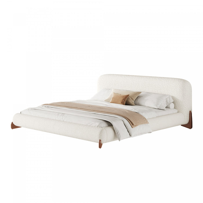 Harper Low Profile Boucle Upholstered Platform Bed Thick Curved Headboard,California King,Cream White King Bed