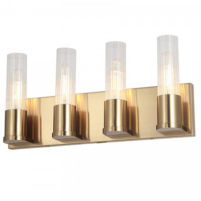 Dainolite Tube 4 Light Vanity Light Aged Brass Clear Fluted Glass Lamp|Lumière de coiffeuse Tube de Dainolite en verre cannelé transparent, avec fini laiton vieilli et 4 ampoules