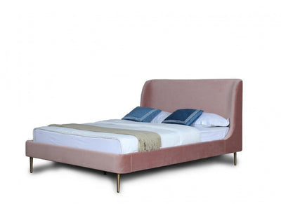 Heather Mid-Century Modern Velvet Upholstered Full Bed in Blush and Gold | Lit double Heather style milieu du siecle moderne, rembourre en velours rose poudre et or