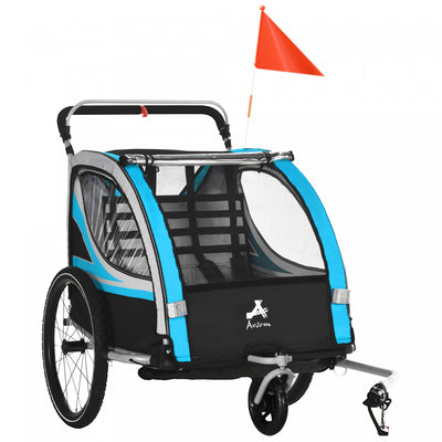 Aosom Baby Bike Trailer for Kids 2 Seater, 3-in-1 Walk/Jog/Ride High-Visibility Bike Stroller for Toddler Wagon, Weather-Strong Double Bicycle Trailer Accessory for Kids, Blue