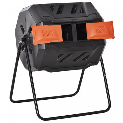 Outsunny Outdoor Dual Chamber 360° Rotating Composter 43 Gallon Orange|Outsunny Composteur Exterieur Rotatif A 360°, 43 Gallons, Gris Et Orange