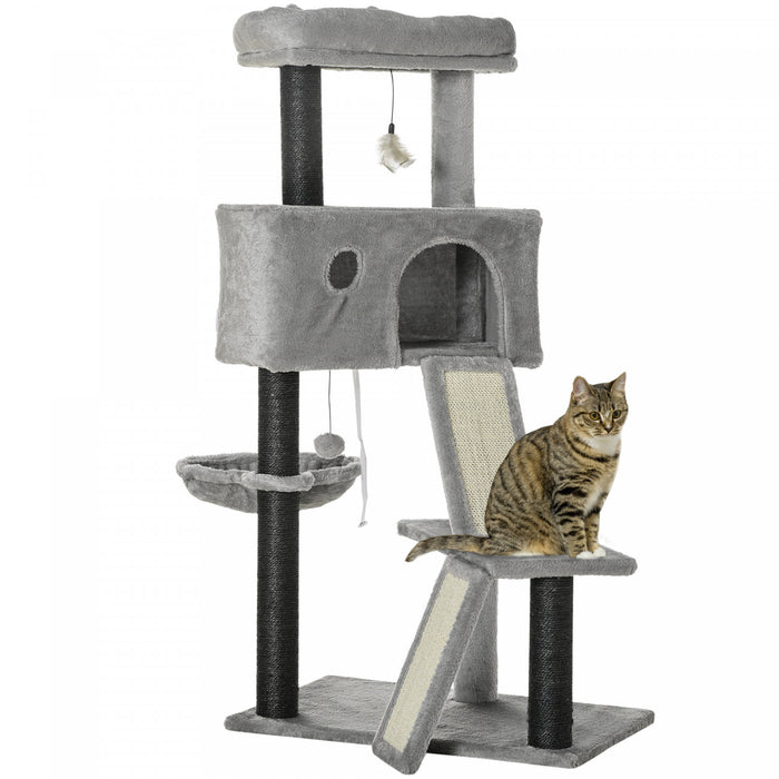 Pawhut 47\" Cat Tree For Indoor Cats, Kitty Activity Center, Cat Tower With Cat Ear Bed Ramp Condo Hammock Hanging Ball Toys Sisal Rope Scratching Post, Light Grey