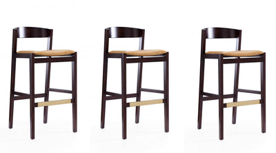 Klismos Mid-Century Modern Wood Upholstered Barstool in Camel - Set of 3 | Tabouret de bar en bois rembourre style Klismos mi-siecle moderne, coloris camel - Lot de 3