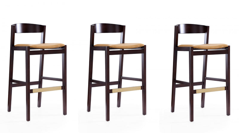 Klismos Mid-Century Modern Wood Upholstered Barstool in Camel - Set of 3