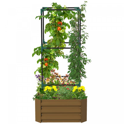 Outsunny Galvanized Raised Garden Bed With 3-tier Trellis Tomato Cage Brown|Outsunny Lit De Jardin Sureleve Galvanise Avec Cage En Treillis, Marron