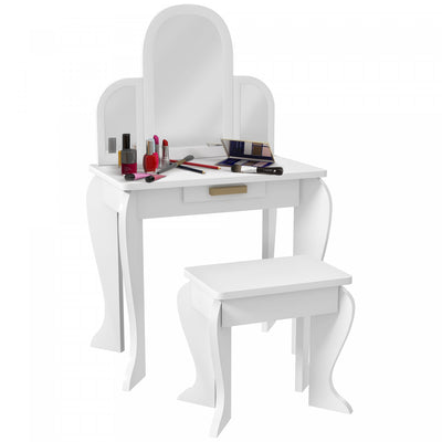 Qaba Kids Dressing Table And Chair Set, Girls Dressing Set, Makeup Desk With Drawer For 3-6 Years Ol|Qaba Ensemble Coiffeuse Et Chaises Pour Enfants, Coiffeuse Pour Filles, Bureau De Maquillage Avec Ti