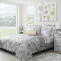 King Size 3-Piece Reversible Quilt Set - Grey and White Floral Botanical Print  
