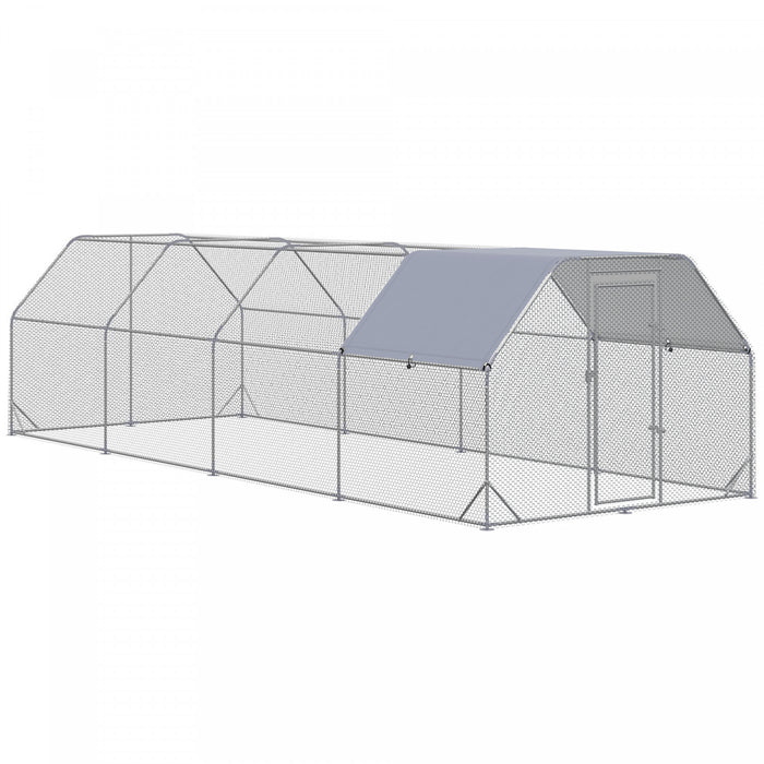 Pawhut Chicken Run, Galvanized Large Metal Chicken Coop Cage, Walk-in Enclosure Poultry Hen Run House Playpen Rabbit Hutch With Flat Roof, Cover, For Outdoor Backyard, 9.2' X 24.9' X 6.5', Silver