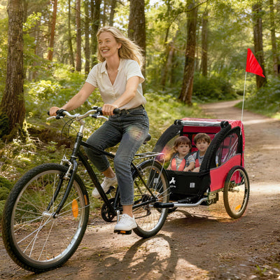 Aosom 2-Seat Bike Trailer for Kids, Baby Bicycle Trailer with Storage Bag, 5-Point Harness, 20" Rubber Wheels, Safety Flag, Reflectors, Shock Absorber System, for 18+ Months, Red