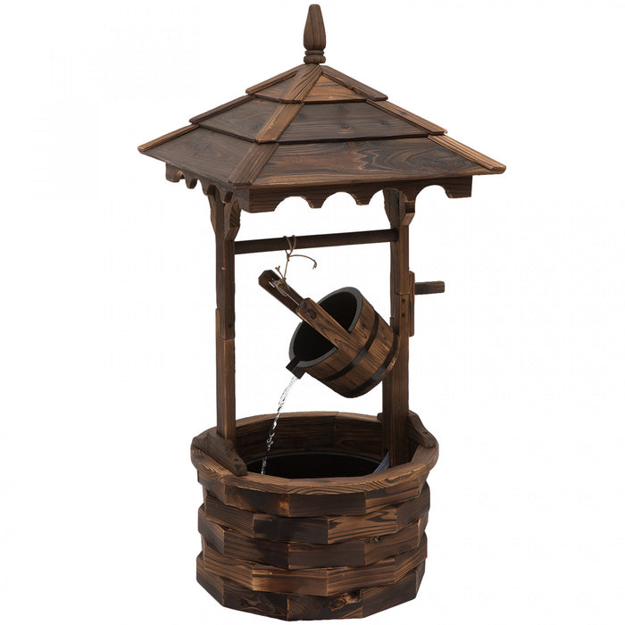 Outdoor Wooden Wishing Well Fountain With Hanging Barrel, 47.25\" Tall Rustic Waterfall Fountain With Electric Pump, Stained Wood