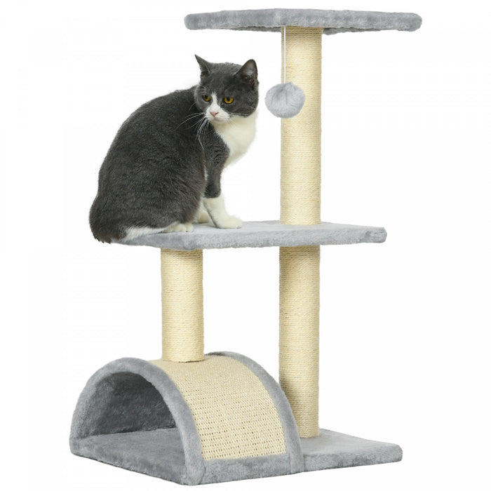 Pawhut Cat Tree Tower For Indoor Cats, 28 Inches Climbing Activity Center W/ Sisal Scratching Post, Pad, Arc Perch, Hanging Ball, Toy, Light Grey And Cream White