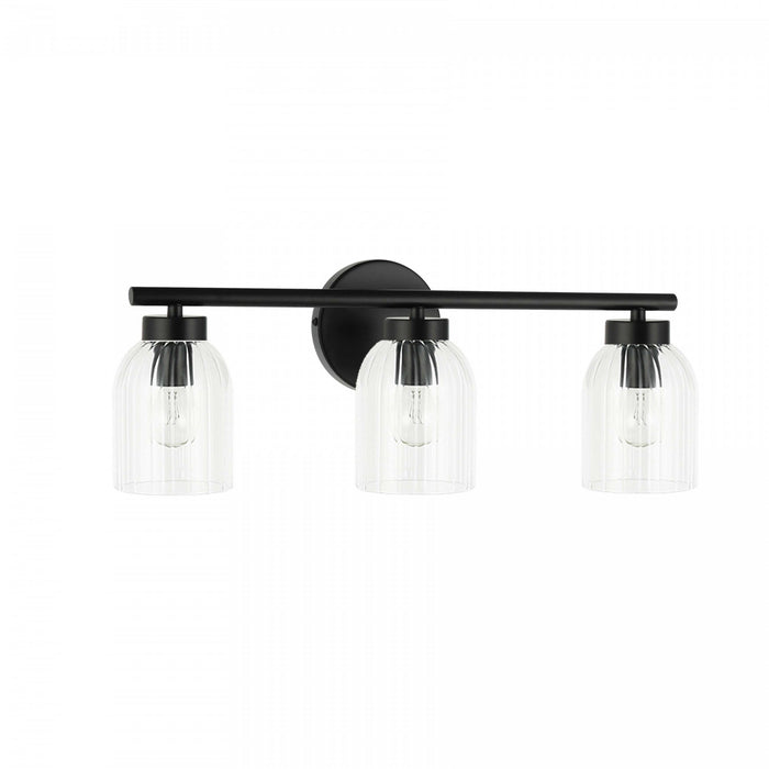 Dainolite Vienna 3 Light Incandescent Vanity Matte Black Clear Ribbed Glass Lamp