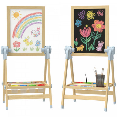 Qaba Wooden Art Easel for Kids, Double Sided Kids Easel with Height Adjustable Chalkboard and Magnetic Whiteboard, Paper Roll, Tray for Boys and Girls, Natural