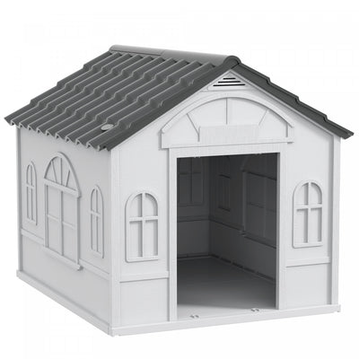Pawhut 26" Plastic Dog House Outdoor, Waterproof Dog Kennel With Air Vents, Pet Shelter For Small Medium Dogs, Grey
