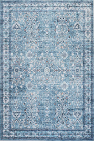 Aqua Green Flora Washable Non-slip Low Pile Area Rug 5'x7'
