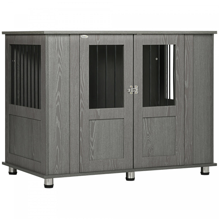 Pawhut Dog Crate Furniture With Lockable Magnetic Door, Adjustable Feet, Indoor Dog Kennel End Table For Extra Large, Medium & Small Dogs, Grey