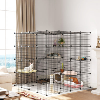 Pawhut Diy Large Cat Cage Indoor, Catio Pet Playpen With Platforms, Ramps, Kitten Exercise Place For 1-3 Cats, Bunny And Chinchillas, 55 X 55 X 55in, 87 Panels, Black