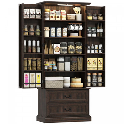 HOMCOM 72" Kitchen Pantry Cabinet with LED Light and Door Shelves, Brown
