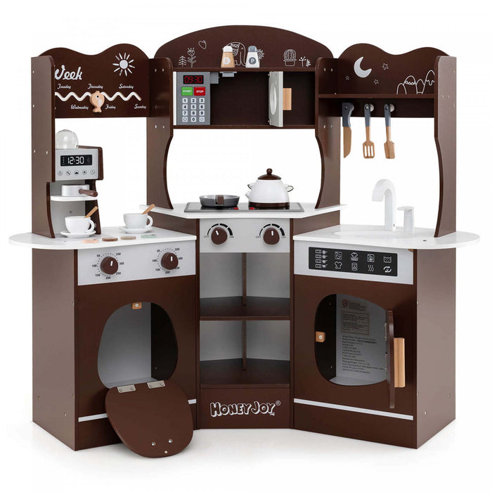 Honeyjoy Corner Kitchen Playset With Coffee Machine Oven Microwave Washing Machine Brown
