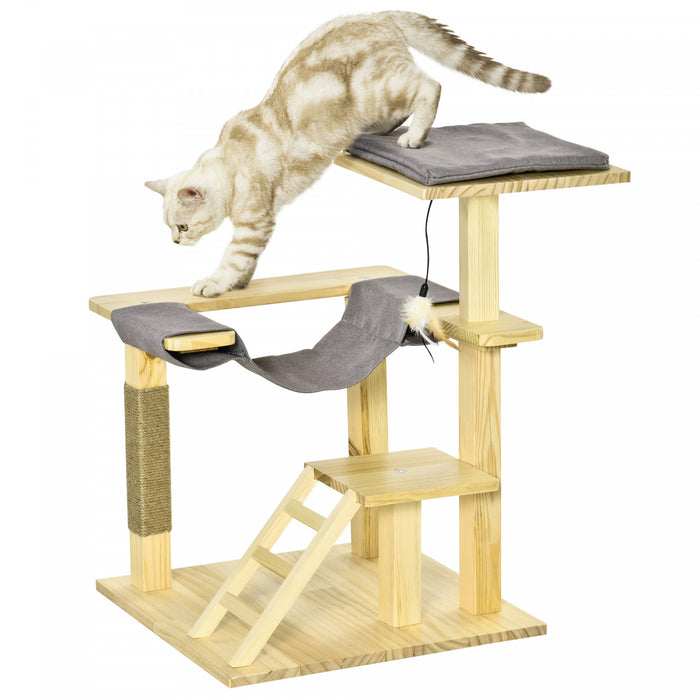 Pawhut 25.5\" Cat Tree Kitty Tower Activity Center Pinewood Cat Climbing Toy Indoor Outdoor Pet Furniture With Jute Scratching Post Bed Perch Hanging Toy Ladder Cushion Natural