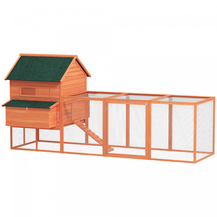 PawHut 137\"L Chicken Coop, Wooden Large Hen House with Chicken Run, Nesting Box, Poultry Cage for Outdoor, Backyard, Orange