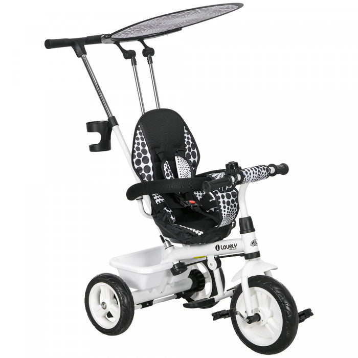 Qaba Kids Tricycle, 6 In 1 Push Bike Stroller With Removable Handlebar, Safety Fence And 5-point Harness, Canopy, Storage Basket, For Toddler 12-60 Months, White