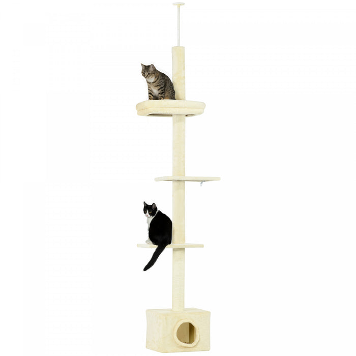 Pawhut Floor To Ceiling Cat Tree With Scratching Post For Indoor Cats, Adjustable Height Cat Tower (91-102 Inches) With House, Bed, Beige