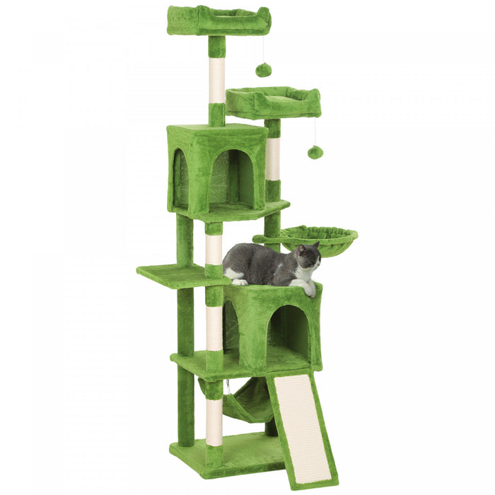 PawHut Cat Tree, 70\" Multi-Level Cat Tower for Indoor with 2 Condos, 2 Plush Top Perches, Hammock, Platforms, Toy Balls, Sisal Scratching Posts and Board, Green