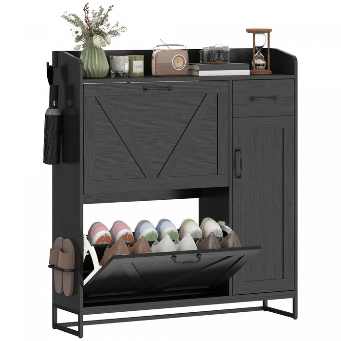 HOMCOM Shoe Cabinet, Farmhouse Shoe Storage Cabinet with Side Cabinet Black