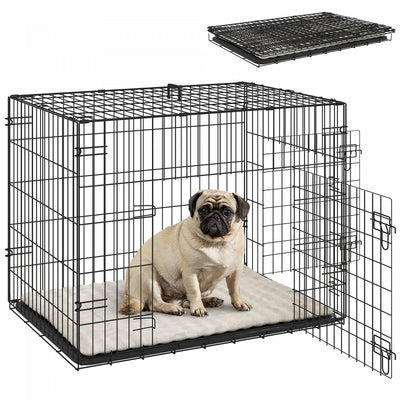 Pawhut Dog Crate, 30" Folding Metal Dog Kennel With 2 Doors, Removable Tray, Soft Cushion, Handle, Pet Cage For Small Dogs, Black