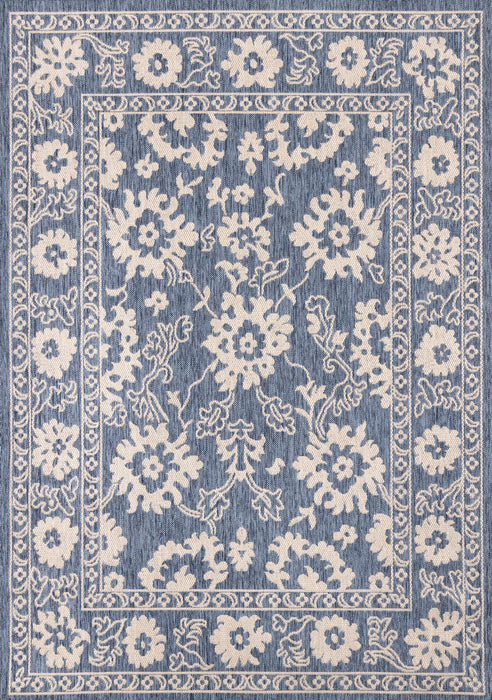 Cabana Blue White Elegant Border Outdoor Rug, 5'3\" x 7'7\" Outdoor Area Rug