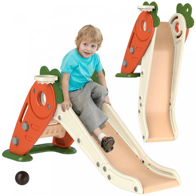 Qaba Toddler Slide, 3 In 1 Kids Slide With Basketball Hoop, Climber, Carrot-themed Foldable Indoor S|Qaba Toboggan Pour Tout-petits, Toboggan 3 En 1 Pour Enfants Avec Panier De Basket-ball, Grimpeur, T