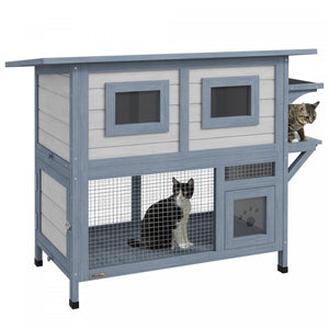 Pawhut Outdoor Cat House, 2 Tier Wooden Feral Cat Shelter With Escape Door, Weatherproof Roof, Jump Platform, Observer Windows, For 1-2 Cats, Outside And Backyard Use, Light Grey