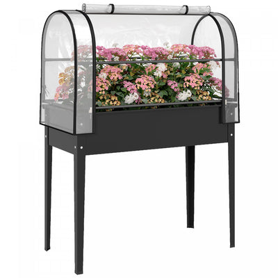 Outsunny Metal Raised Garden Bed with Flip-Up Greenhouse Cover, Black