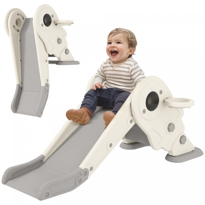 Qaba 3 In 1 Toddler Slide, Foldable Kids Slide With Basketball Hoop, Climber, Anti-slip Steps, Space-themed Children Activity Equipment For Age 2-5, Cream White