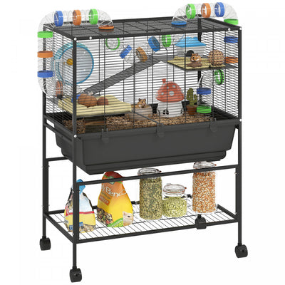 Pawhut Large Hamster Cage With 7" Deep Tray, 3 Tier Rolling Gerbil Cage With Storage Shelf, Big Exercise Wheel, Tube System, Hut, Platforms, Ramps, For Syrian, Gerbil, Rat